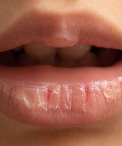 Tình trạng môi nứt nẻ do liếm môi thường xuyên, cần áp dụng tẩy da chết môi nhẹ nhàng để khắc phục.